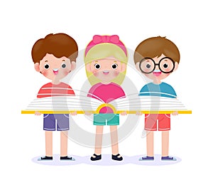 Three cute little school kids standing holding and reading a book, happy pupil reading a book group of children back to school
