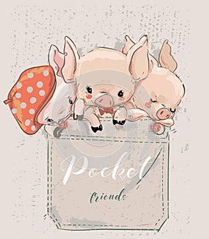 Three cute lovely cartoon pigs on pocket