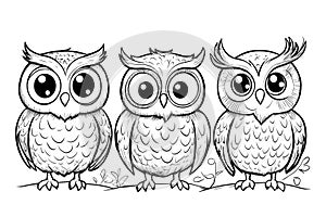 Three cute owls standing on a branch