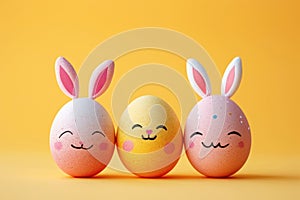 Three cute painted smiling Easter eggs pink and yellow with bunny ears on smooth yellow background, happy Easter greeting card