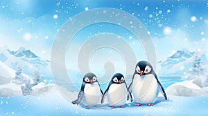 Three cute penguins in the snow in Antarctica Copy Space