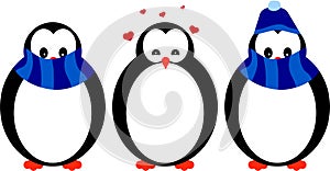 Three cute penguins in winter clothes, illustration in cartoon style