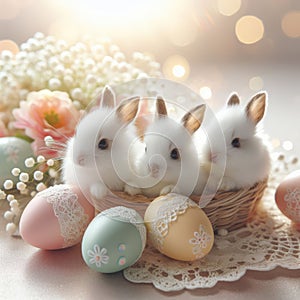 Three cute rabbits next to Easter eggs,spring flowers, lace, glare, bokeh, sun rays in pastel colors