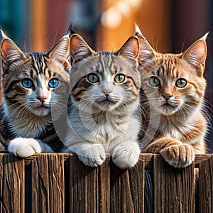 Three cute red-brown cats peek through the worries