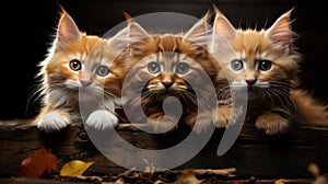 Three red kittens sitting in a wooden box on a dark background.