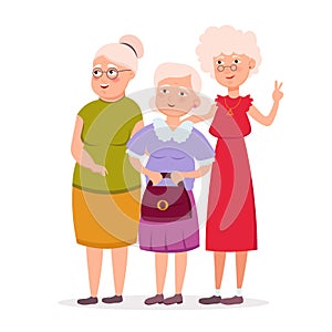 Three cute senior women friends standing together vector flat illustration. Aged ladies cartoon characters smiling and