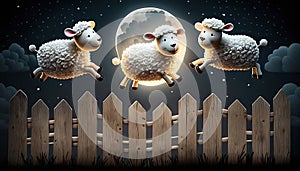 three cute sheep jumping in the meadow next to the wooden fence with the moon in the clear sky. Adorable good night illustration