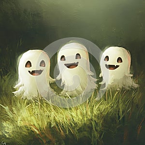Three Cute Smiling Ghosts in Grass