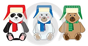 Three cute teddy bears: teddy, panda and polar bear, sitting in hats with earflaps and scarves