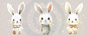 Three cute watercolor bunny on gray background