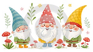 Three cute watercolor gnomes with mushrooms