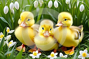 Three cute yellow ducks in the nature. AI generated