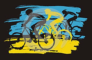 Three cyclists, racing, expressive stylized.