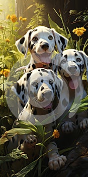 Three dalmatian dogs sit in a grassy field with their mouths ope