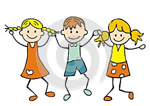 Three dancing children, coloring picture, eps.