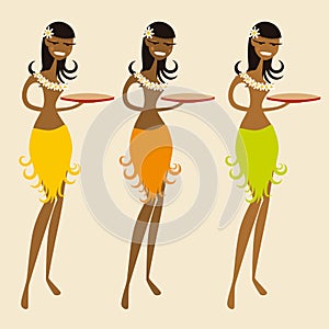 Three dancing smiling hawaian waitress isolated. Comic style