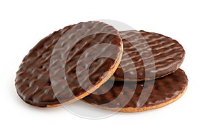 Three dark chocolate coated digestive biscuits isolated on white