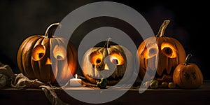 Three dark pumpkins with glowing exophthalmos on a dark background, a Halloween image