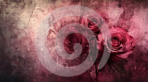 Three Dark Red Roses on a Distressed Background