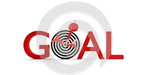 Three dart arrows hitting center of goal target on the word goal over white background, success, goal achievement or performance