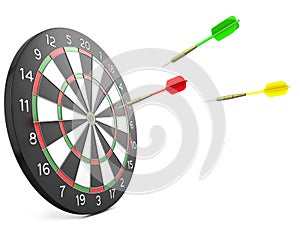Three darts arrows flying into board