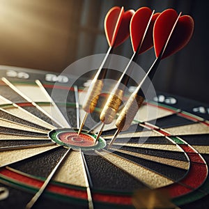 Three darts hit their mark in the bullseye on dart board