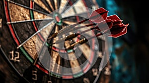 Three darts hitting a bullseye on a dartboard