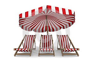 Three deckchair and parasol on white background photo