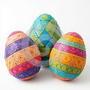 Three decorated Easter Eggs in vibrant colors isolated on white background.