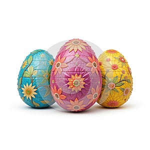 Three decorated Easter Eggs in vibrant colors isolated on white background.