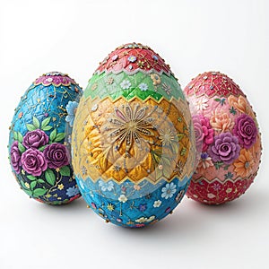 Three decorated Easter Eggs in vibrant colors isolated on white background