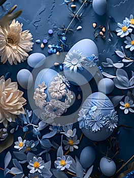 Three decorated eggs on a background of flowers in the navy blue color scheme