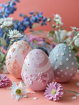 Three decorated eggs in pastel colors standing on the table surrounded by flowers