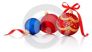 Three decorations Christmas ball with ribbon bow Isolated on white