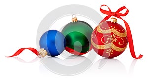 Three decorations Christmas ball with ribbon bow isolated