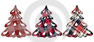 Three decorative Christmas trees on a checkered red background. Can be used as a decorative element, magnets, stickers, cut out