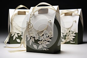 Three decorative paper bags as product package with blank tags.