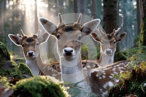 Three deer in a serene forest illuminated by soft morning light