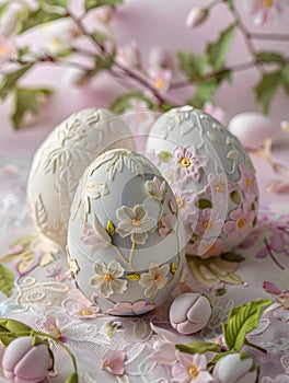 Three delicate festive decorated eggs in vintage style