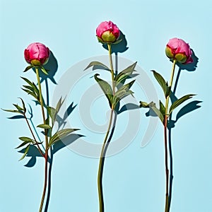 Three delicate sprouts of pink peony buds on a blue background in the rays of the hard midday sun