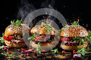 Three delicious hamburgers with steam rising above them on dark wooden table, fast food concept