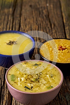 Three delicious hot broths from Brazilian cuisine, cassava, onion and Quenga,