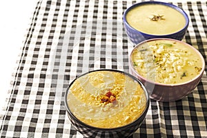 Three delicious hot broths from Brazilian cuisine, cassava, onion and Quenga,