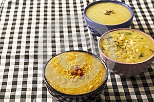 Three delicious hot broths from Brazilian cuisine, cassava, onion and Quenga,