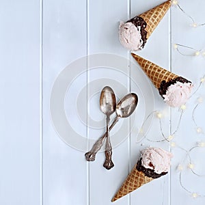 Three Delicious Strawberry Ice Cream Cones