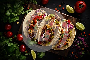 Three delicious tacos, Mexican food, on a wooden board