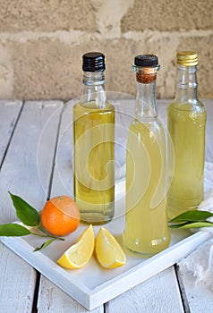 Three delicious yellow alcohol drinks in glass bottles and citrus fruit. Orange-flavored liqueur, Italian Limoncello liquor, tange