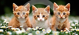Three delightful red kittens happily frolicking on a lush green grass background photo