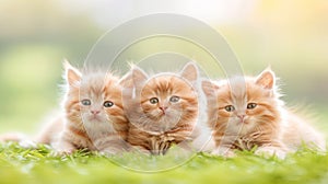 Three delightful red kittens playfully frolic on a vibrant green grass background