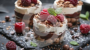 Three Desserts With Raspberries and Chocolate on a Black Plate